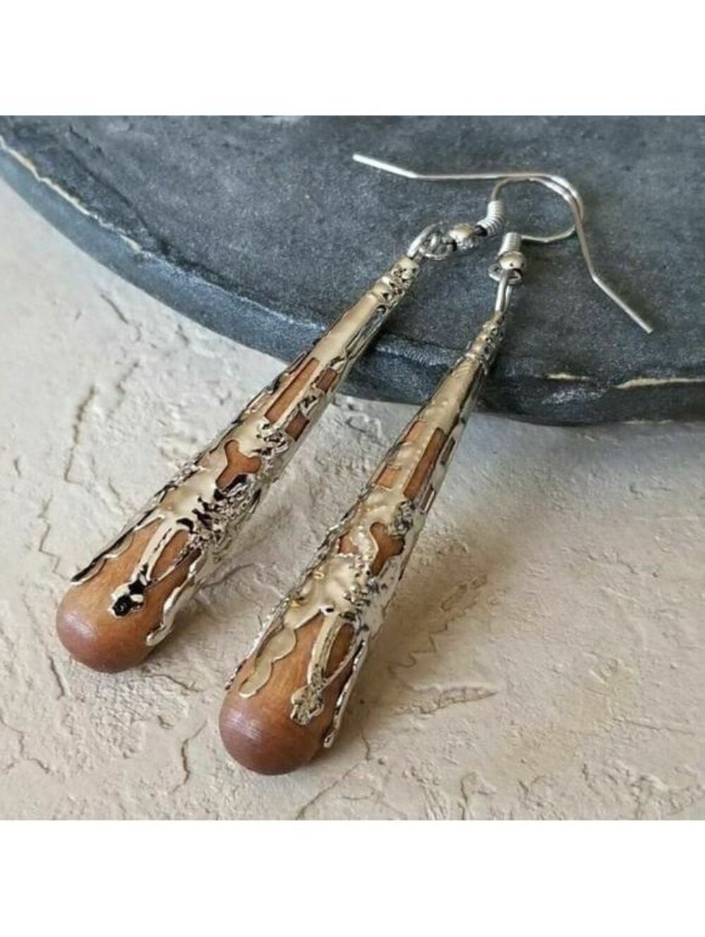 Silver Filigree Wood Teardrop Earrings